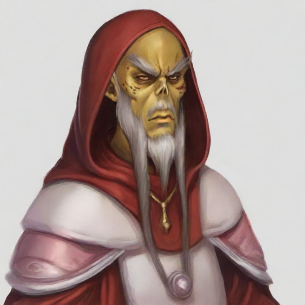 Create a portrait of a hooded Githyanki wizard with white skin and a white beard. He should be wearing long red robes.