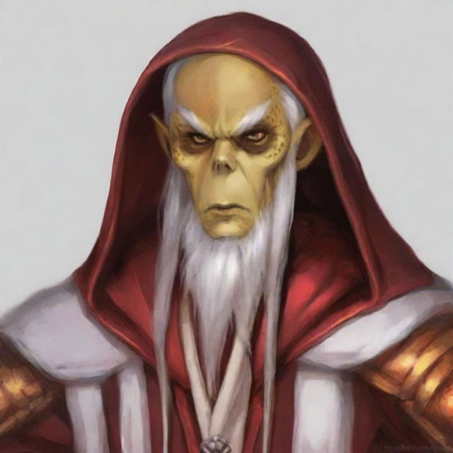 Create a portrait of a hooded Githyanki wizard with white skin and a white beard. He should be wearing long red robes.