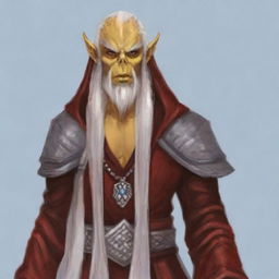 Create a portrait of a hooded Githyanki wizard with white skin and a white beard. He should be wearing long red robes.