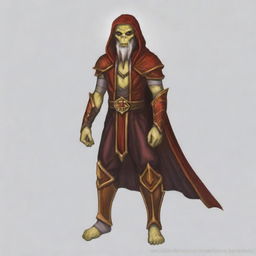 Create a portrait of a hooded Githyanki wizard with white skin and a white beard. He should be wearing long red robes.