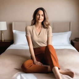 Generate an image of a stylish and confident woman sitting on a bed in a tasteful and elegant manner.