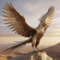 A strikingly realistic phoenix, crafted out of metallic materials - silver and bronze, with an aggressive beak and incredibly long feathers, depicted soaring through a golden-hued landscape of sky.