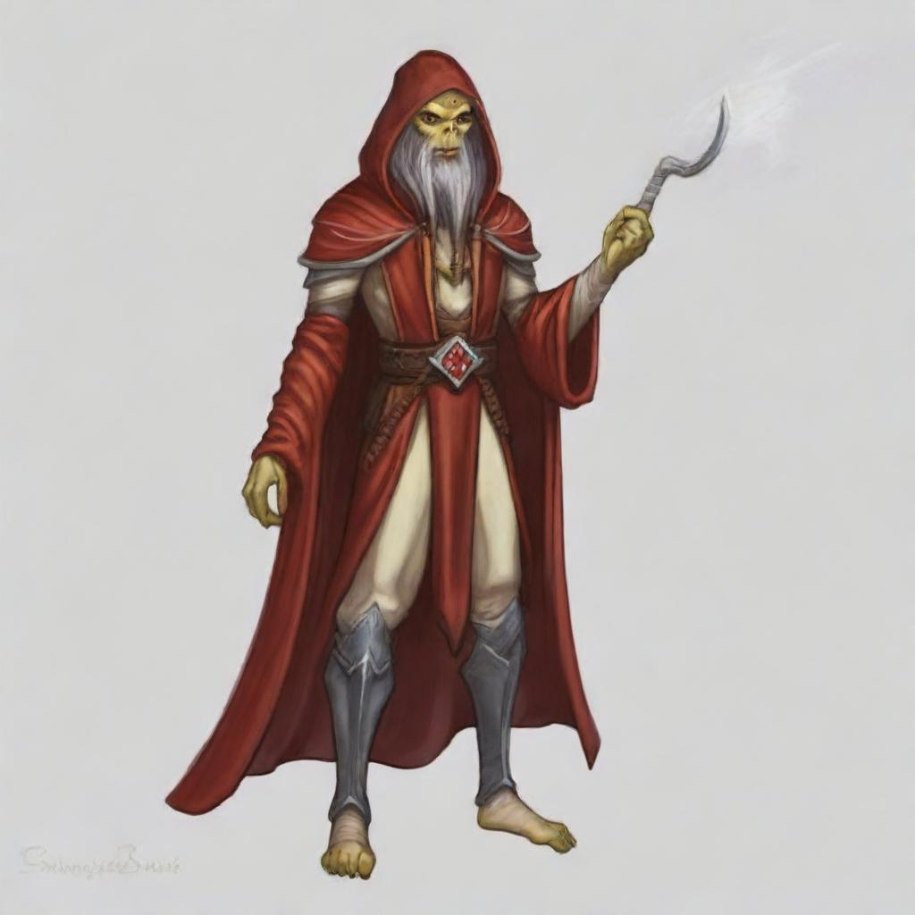 Create a portrait of a hooded Githyanki wizard with white skin and a white beard