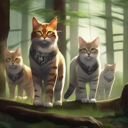 Generate an image of a group of fierce, battle-ready cats standing in a forest clearing