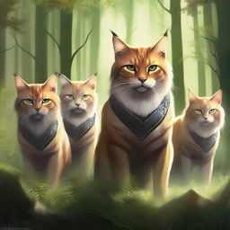 Generate an image of a group of fierce, battle-ready cats standing in a forest clearing