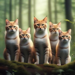 Generate an image of a group of fierce, battle-ready cats standing in a forest clearing