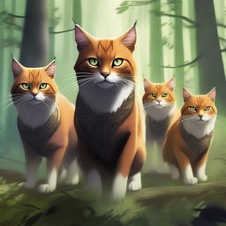 Generate an image of a group of fierce, battle-ready cats standing in a forest clearing