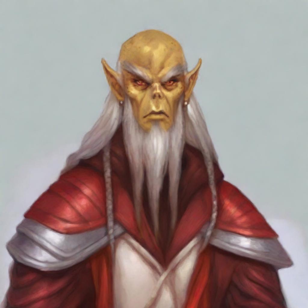 Create a portrait of a hooded Githyanki wizard with white skin and a white beard. He should be wearing long red robes.