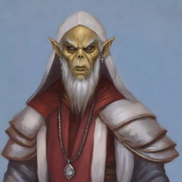 Create a portrait of a hooded Githyanki wizard with white skin and a white beard. He should be wearing long red robes.