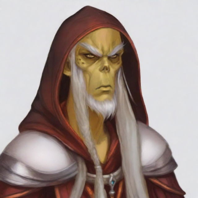 Create a portrait of a hooded Githyanki wizard with white skin and a white beard. He should be wearing long red robes.