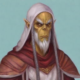 Create a portrait of a hooded Githyanki wizard with white skin and a white beard. He should be wearing long red robes.