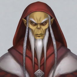 Generate a portrait of a hooded Githyanki wizard with white skin and a white beard