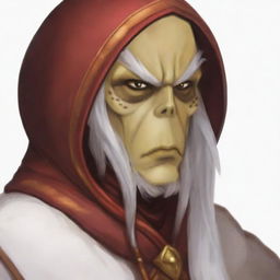 Generate a portrait of a hooded Githyanki wizard with white skin and a white beard