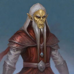 Generate a portrait of a hooded Githyanki wizard with white skin and a white beard