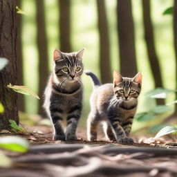 A tiny gray tabby female kitten walking with her mother, a dark tortoiseshell with yellow eyes, in a lush forest