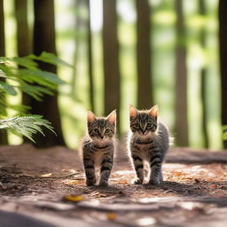 A tiny gray tabby female kitten walking with her mother, a dark tortoiseshell with yellow eyes, in a lush forest