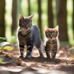 A tiny gray tabby female kitten walking with her mother, a dark tortoiseshell with yellow eyes, in a lush forest