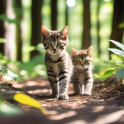 A tiny gray tabby female kitten walking with her mother, a dark tortoiseshell with yellow eyes, in a lush forest