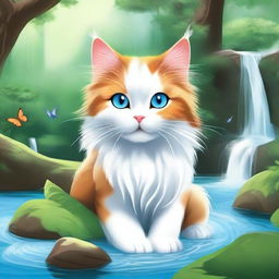 A fluffy calico colored cat with striking blue eyes that resemble two serene pools