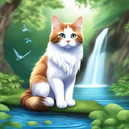 A fluffy calico colored cat with striking blue eyes that resemble two serene pools