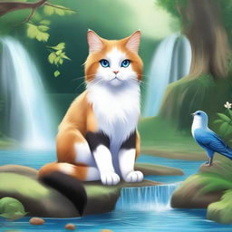 A fluffy calico colored cat with striking blue eyes that resemble two serene pools