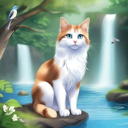 A fluffy calico colored cat with striking blue eyes that resemble two serene pools