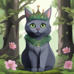 A dark gray cat with captivating green eyes stands majestically in an ancient stone castle, covered in patches of moss, nestled in the heart of a dense forest