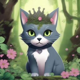 A dark gray cat with captivating green eyes stands majestically in an ancient stone castle, covered in patches of moss, nestled in the heart of a dense forest