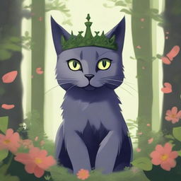 A dark gray cat with captivating green eyes stands majestically in an ancient stone castle, covered in patches of moss, nestled in the heart of a dense forest