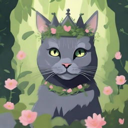 A dark gray cat with captivating green eyes stands majestically in an ancient stone castle, covered in patches of moss, nestled in the heart of a dense forest