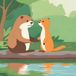 A serene scene where a friendly otter (known as 'Paus' in Indonesian) is meeting a curious orange cat for the first time