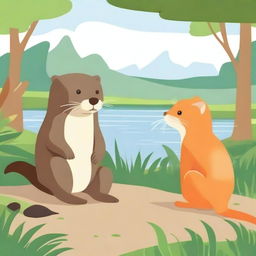 A serene scene where a friendly otter (known as 'Paus' in Indonesian) is meeting a curious orange cat for the first time