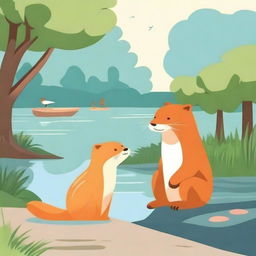 A serene scene where a friendly otter (known as 'Paus' in Indonesian) is meeting a curious orange cat for the first time