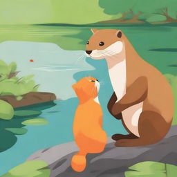 A serene scene where a friendly otter (known as 'Paus' in Indonesian) is meeting a curious orange cat for the first time