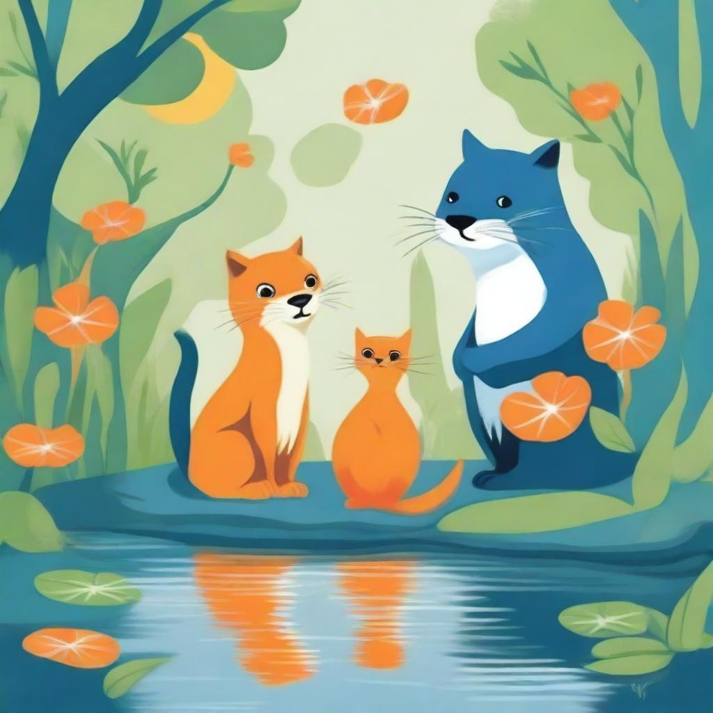 A whimsical image of a unique blue otter (known as 'Paus' in Indonesian) encountering a curious orange cat