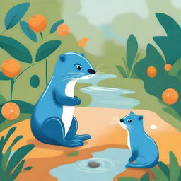 A whimsical image of a unique blue otter (known as 'Paus' in Indonesian) encountering a curious orange cat