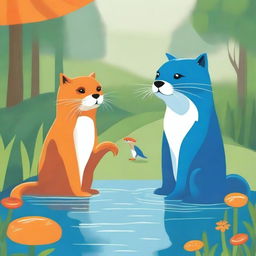 A whimsical image of a unique blue otter (known as 'Paus' in Indonesian) encountering a curious orange cat