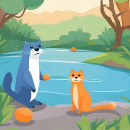 A whimsical image of a unique blue otter (known as 'Paus' in Indonesian) encountering a curious orange cat