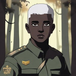 A dark-skinned boy with short, shaved, white hair