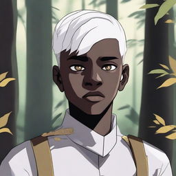 A dark-skinned boy with short, shaved, white hair