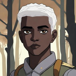 A dark-skinned boy with short, shaved, white hair