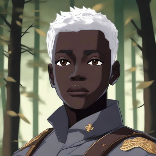 A dark-skinned boy with short, shaved, white hair