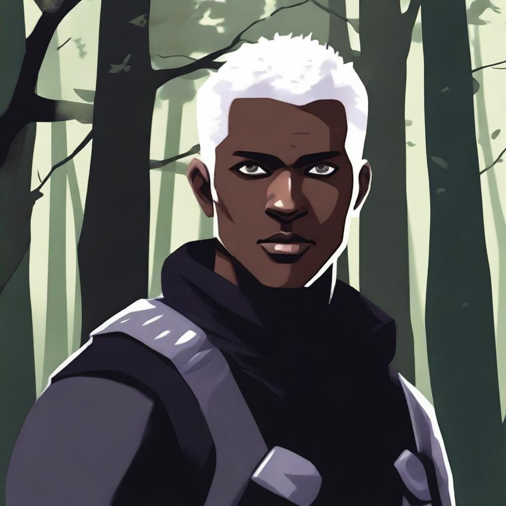 A dark-skinned man with short, shaved, white hair