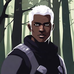 A dark-skinned man with short, shaved, white hair