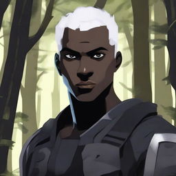 A dark-skinned man with short, shaved, white hair