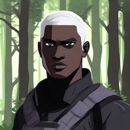 A dark-skinned man with short, shaved, white hair