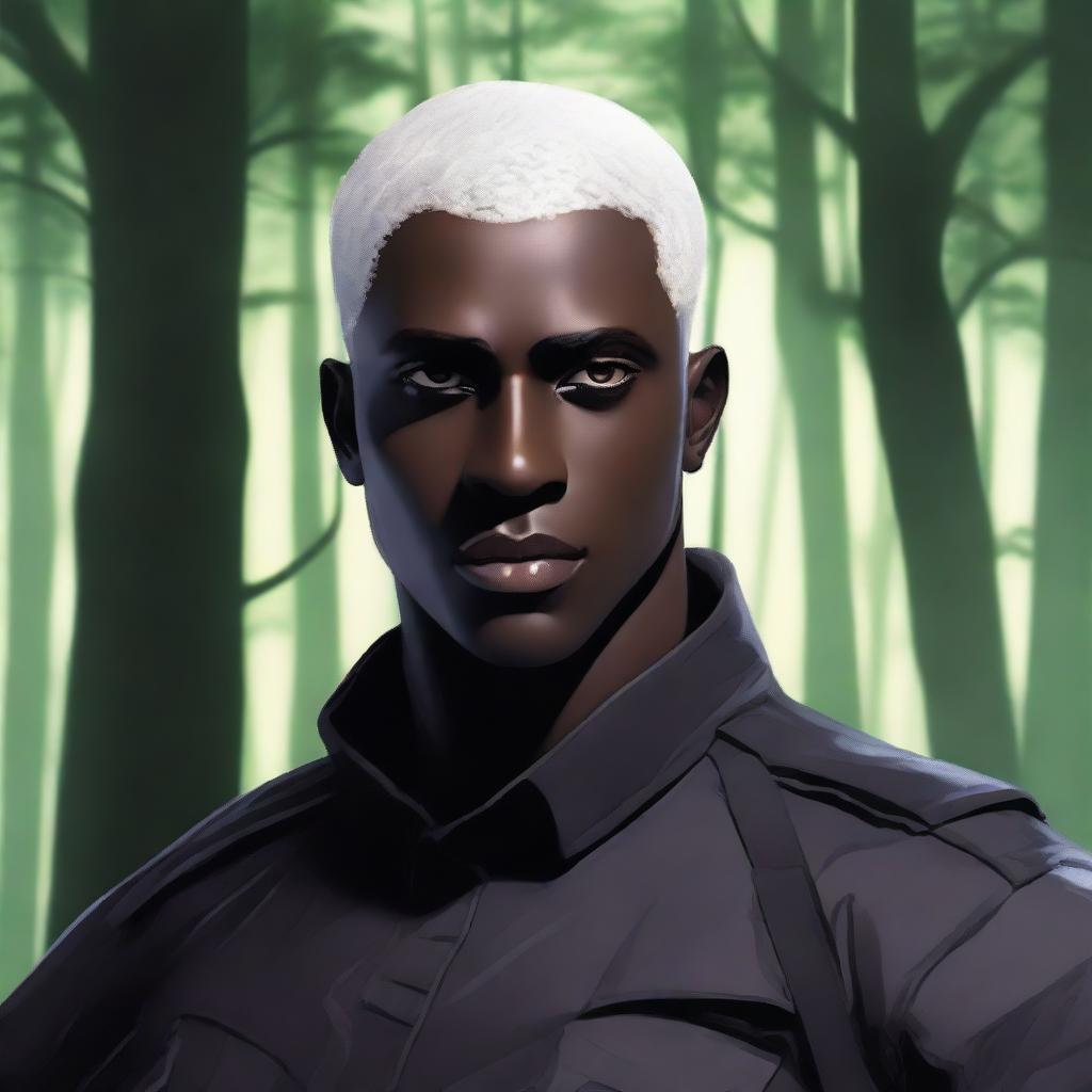 A dark-skinned man with short, shaved, white hair