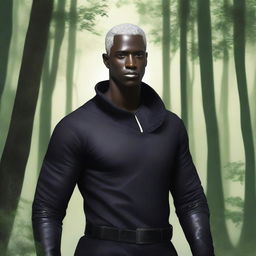 A dark-skinned man with short, shaved, white hair