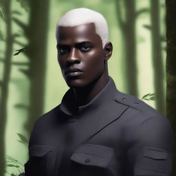 A dark-skinned man with short, shaved, white hair