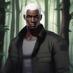 A dark-skinned man with short, shaved, white hair